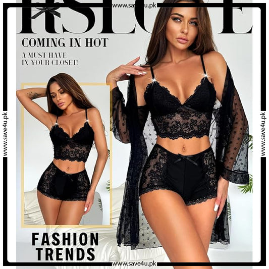 Sheer Temptation 3-Piece Net Short Lingerie Set