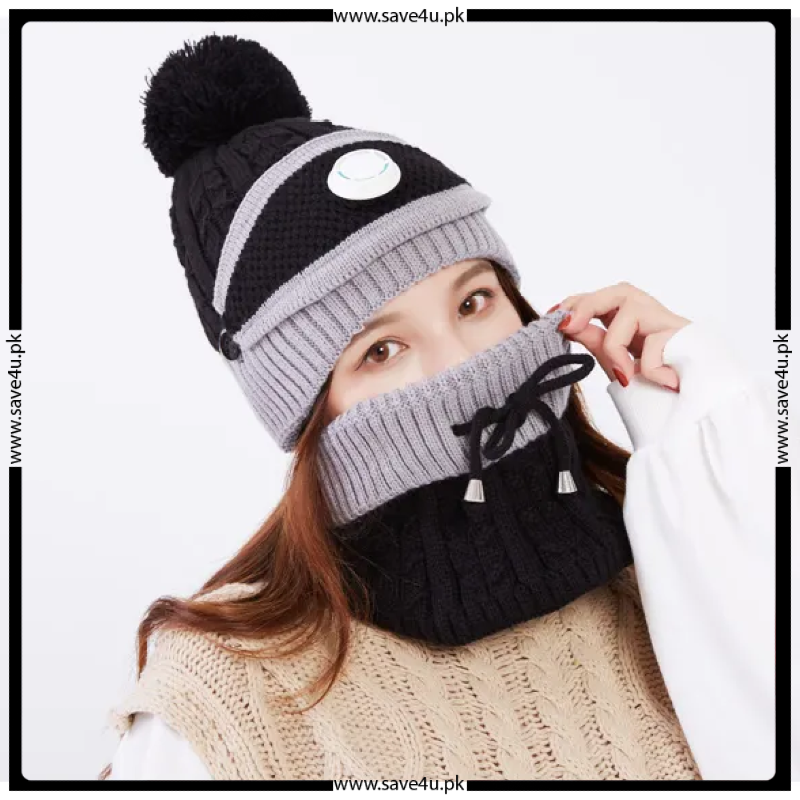 Winter Fleece Warm Cap & Scarf Set With Attached Face Mask For Ladies