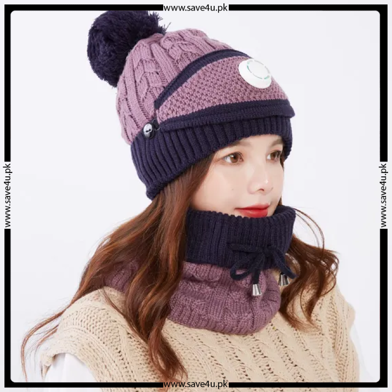 Winter Fleece Warm Cap & Scarf Set With Attached Face Mask For Ladies