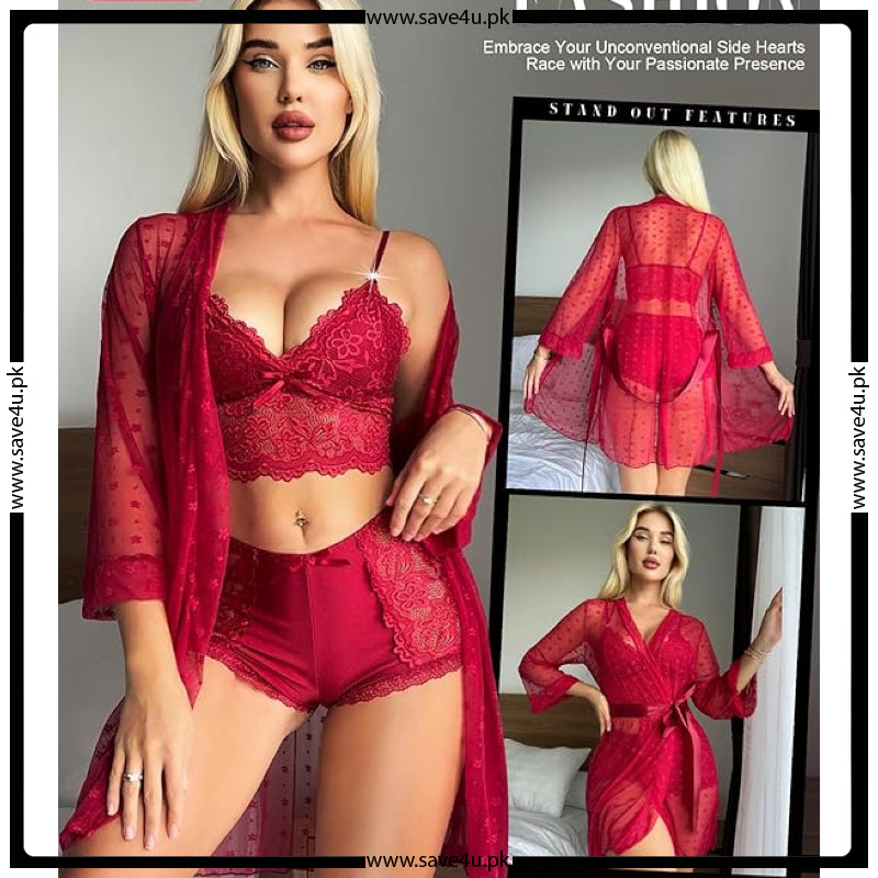 Sheer Temptation 3-Piece Net Short Lingerie Set