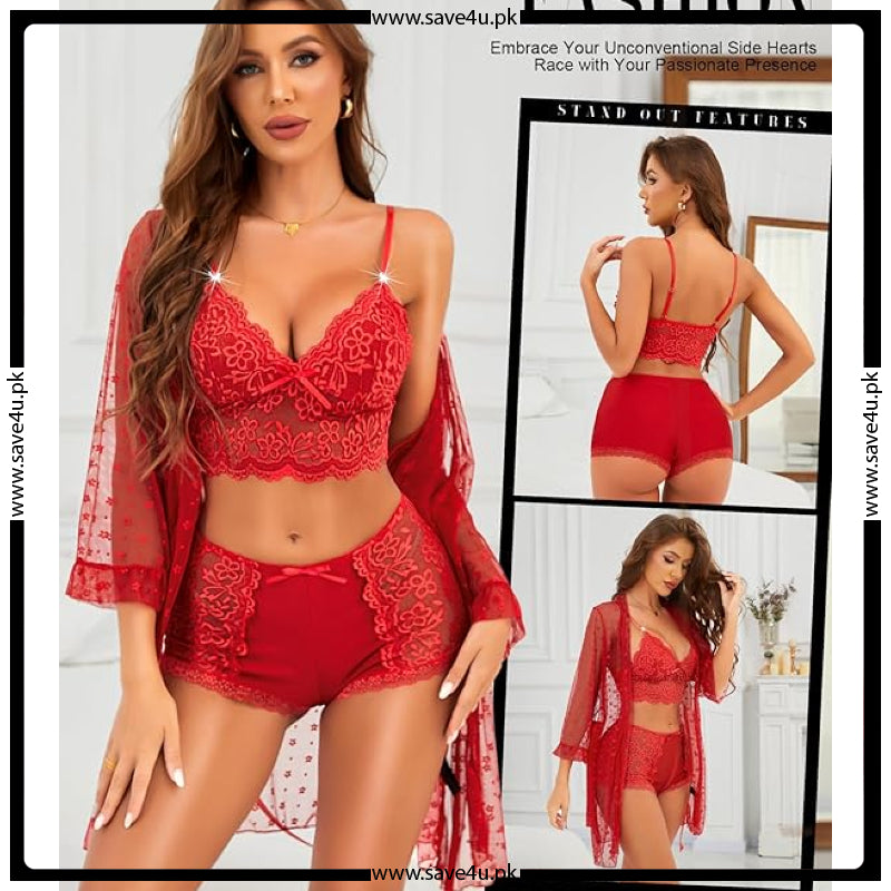 Sheer Temptation 3-Piece Net Short Lingerie Set