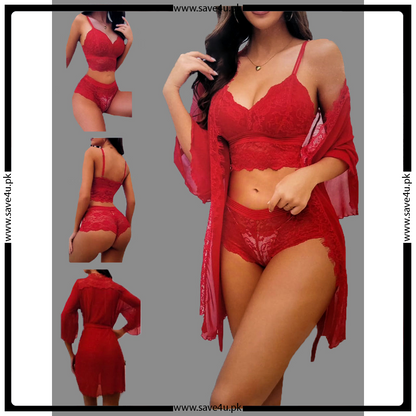 Short Gown Lingerie With Matching Bra & Panty