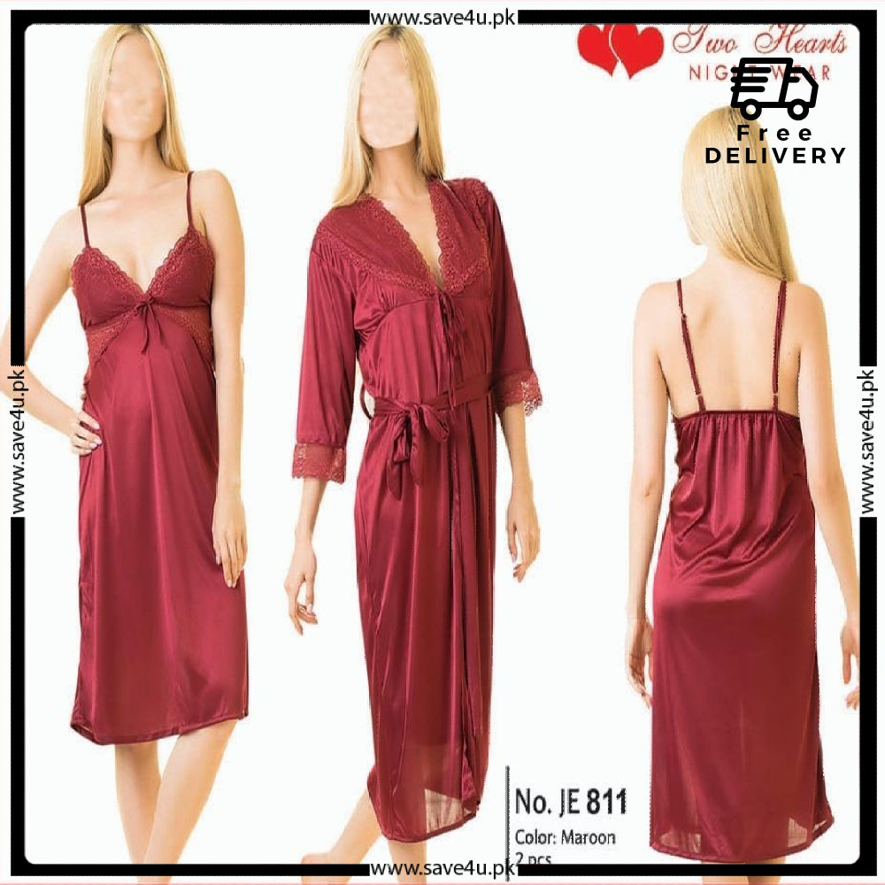 Ladies Floral Design Satin Silk 2-Pcs Long Nightwear Lingerie