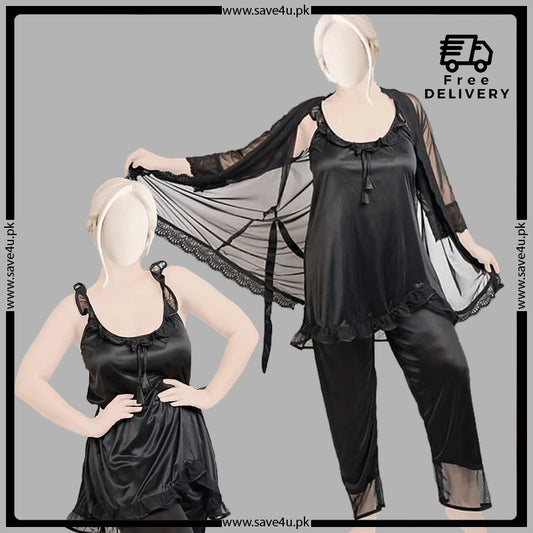 3 Pcs Satin Silk Chic Smooth Nighty