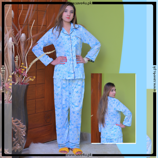 Leaf Printed Full Sleeves Ladies Nightdress