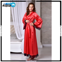 Load image into Gallery viewer, Satin Silk Long kimono Robe Night Gown with Lace
