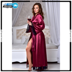 Satin Silk Long kimono Robe Night Gown with Lace