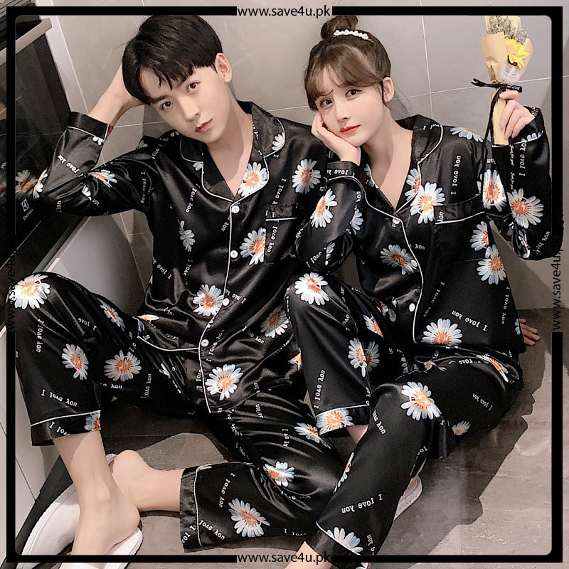V-Neck 2-Pieces Flower Printed Satin Silk Pajama Set