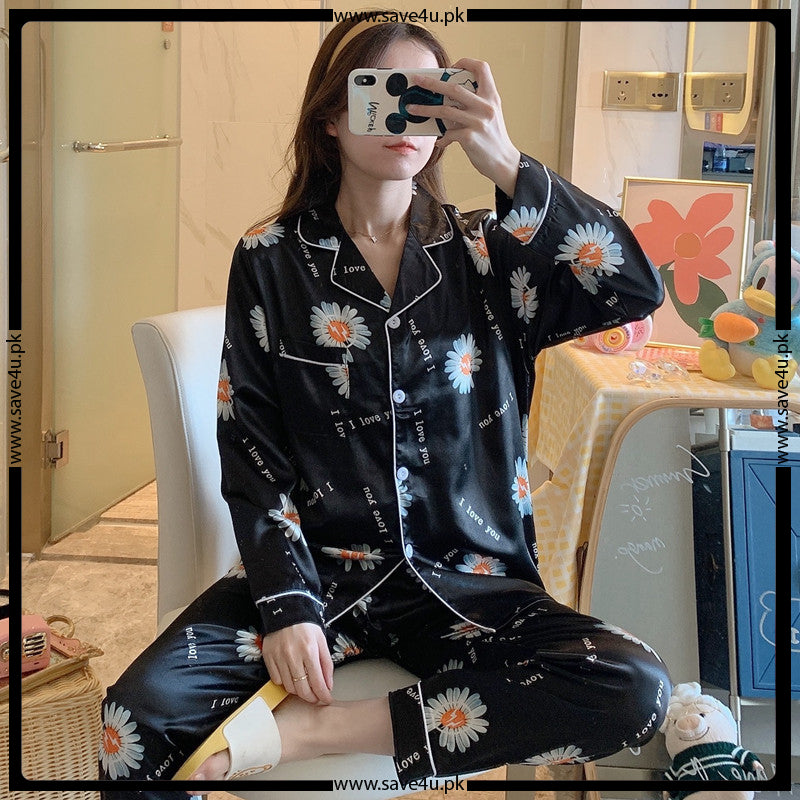 V-Neck 2-Pieces Flower Printed Satin Silk Pajama Set
