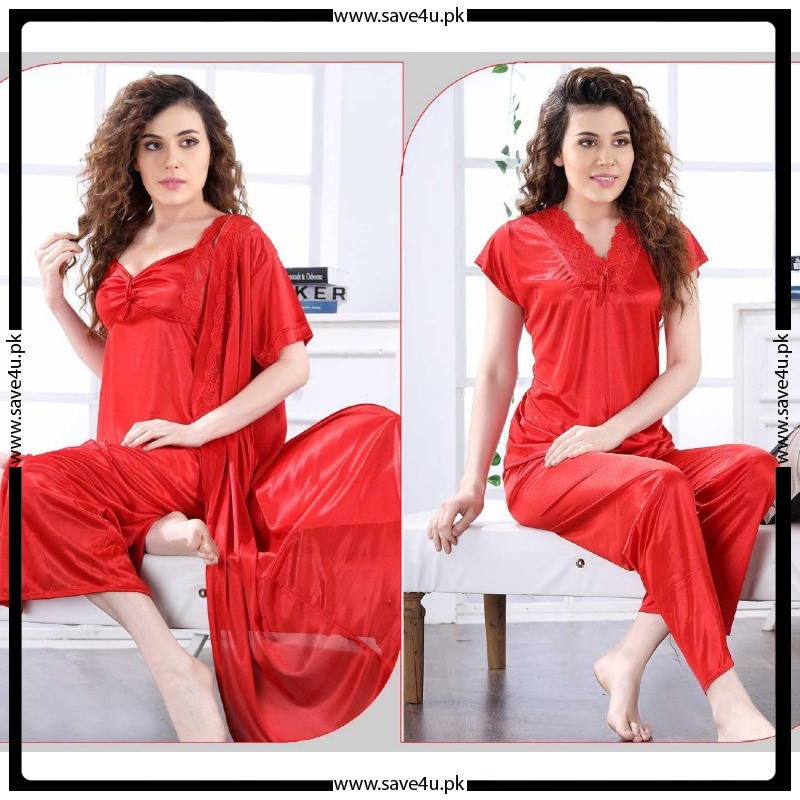 4 Pieces Silk Satin Lace Robe Lingerie & Pajamas Set