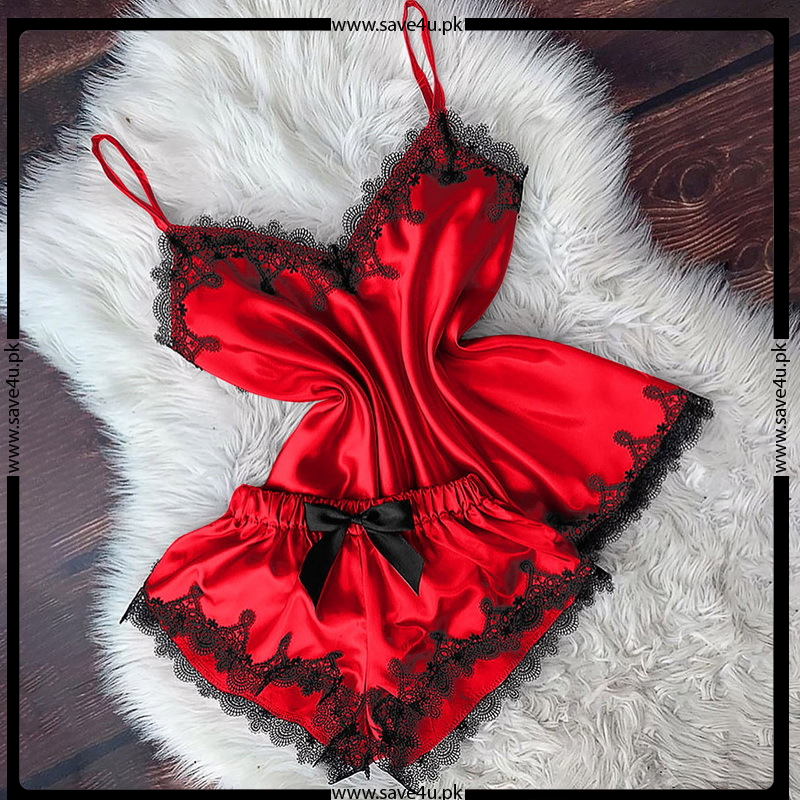 Lace Trim Satin Silk Lingerie With Matching Shorts