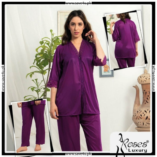 Roses Luxury Lace Trim Satin Silk Pajama Set