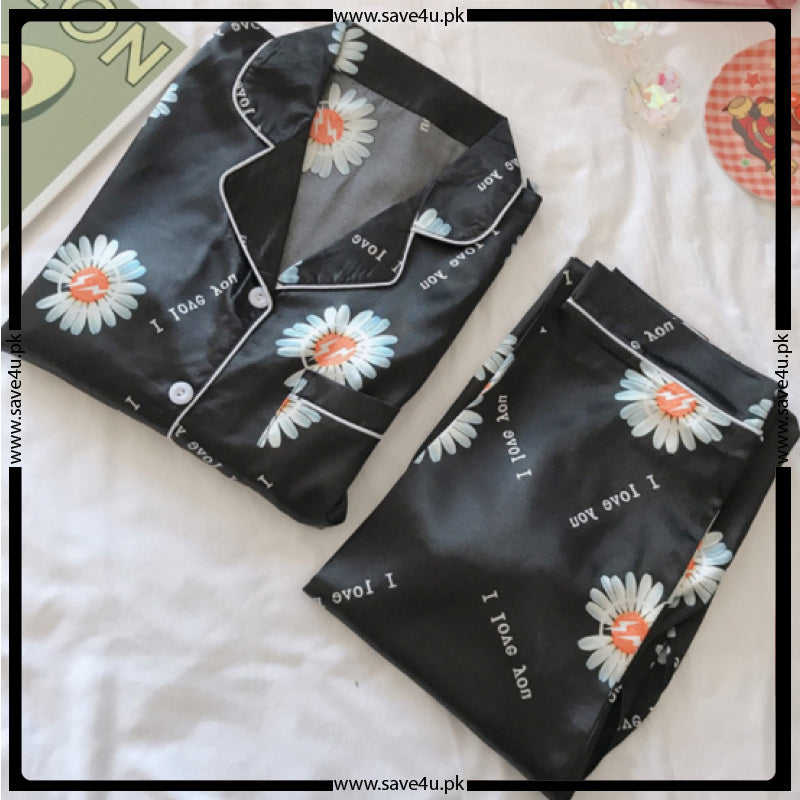V-Neck 2-Pieces Flower Printed Satin Silk Pajama Set